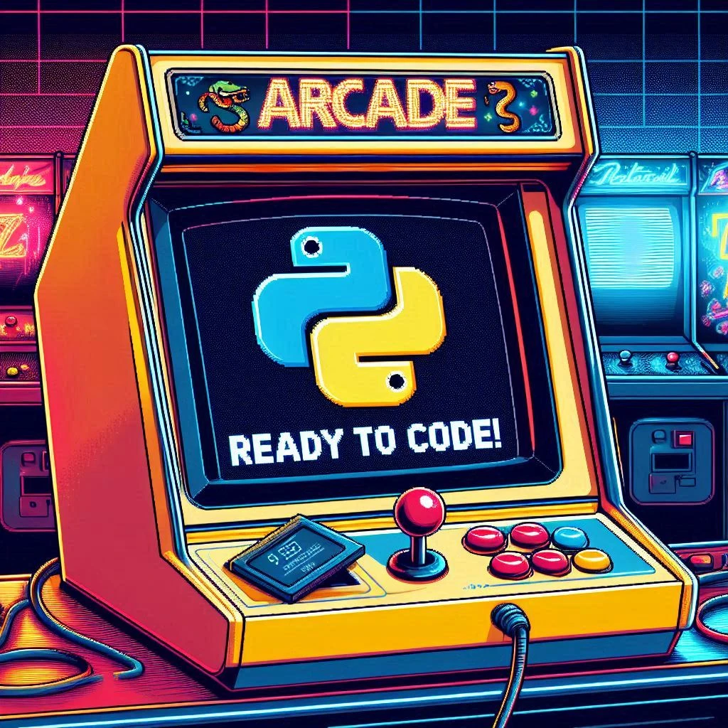 Máquina arcade retro con la palabra Arcade en la parte superior y un logo de Python en la pantalla, invitando a programar.