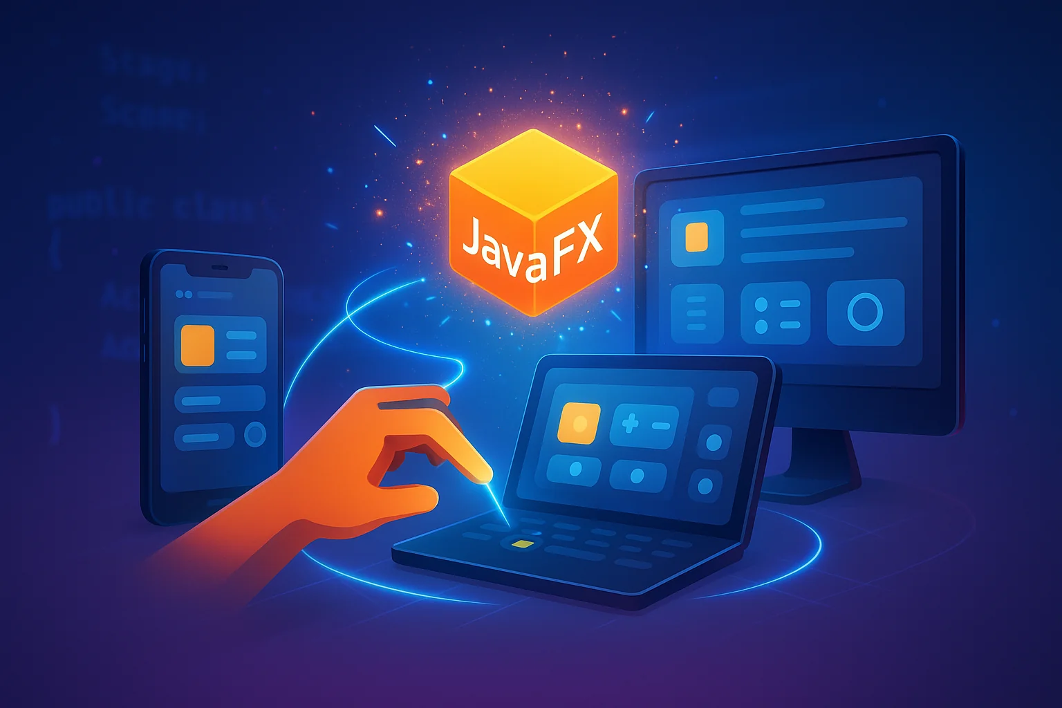 Mano programando en un dispositivo del que surge el logo de JavaFX