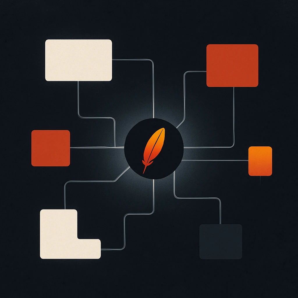 Una pluma, el logotipo de Maven, integrando formas que representan las piezas de un proyecto.